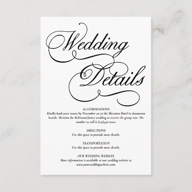 Elégante carte de détails de Mariage blanc (Devant)