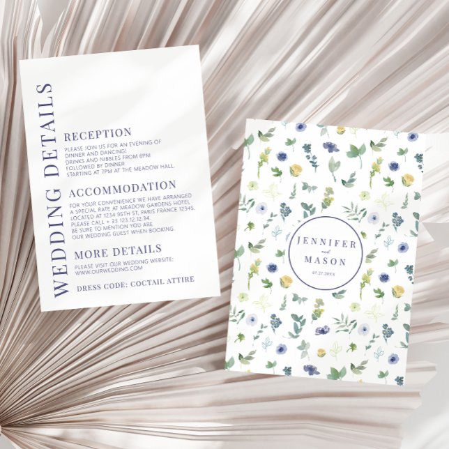 Elégante carte de détails mariage de fleurs bleues (Créateur téléchargé)