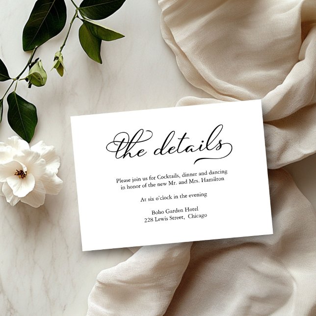 Elégante carte de détails Mariage de script noir (Créateur téléchargé)