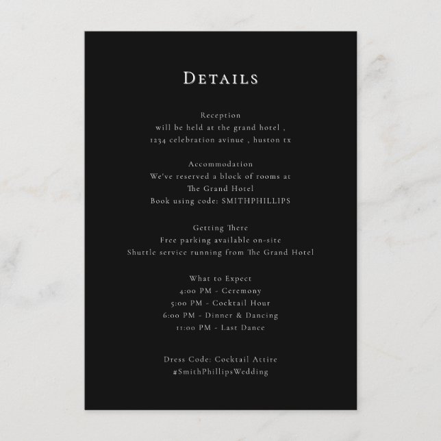 Elégante carte de détails Mariage noir et blanc (Devant)