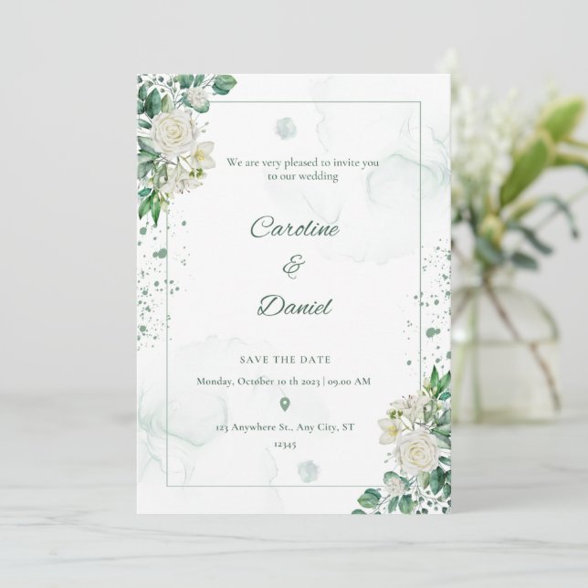Elégante carte de Faire-part de mariage à eau vert (Debout devant)