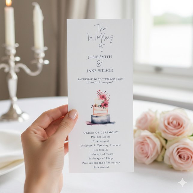 Elégante carte de mariage avec gâteau d'aquarelle (Watercolor pastel wedding cake wedding program.)