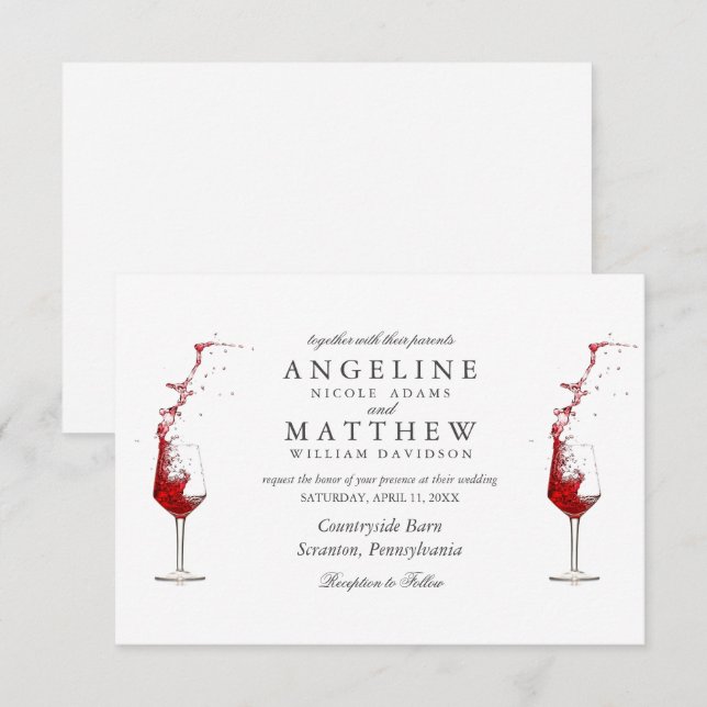 Elégante carte de Mariage en verre de vin et vin r (Devant / Derrière)