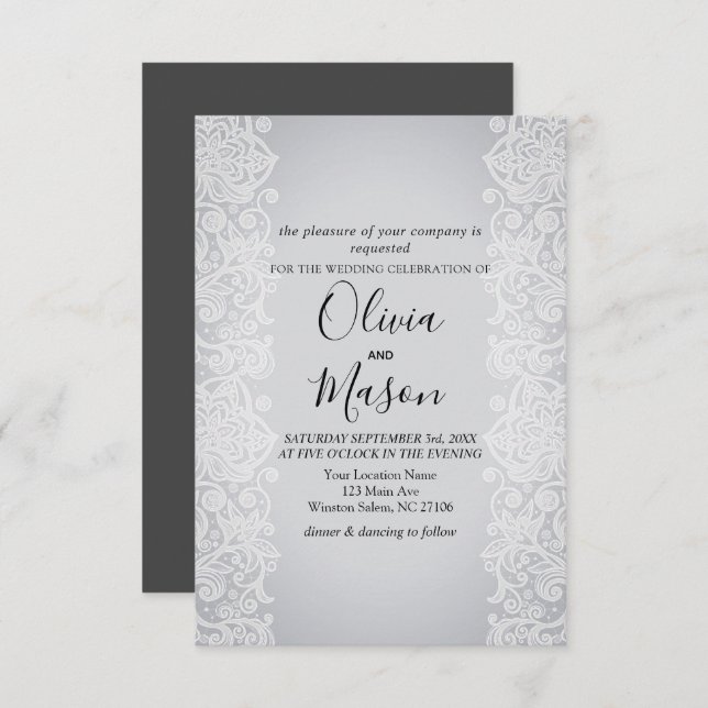 Élégante carte de Mariage noir gris dentelle or bl (Devant / Derrière)