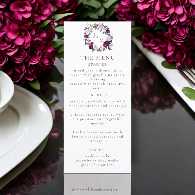 Elégante carte de menu de script moderne floral bo (burgundy florals wedding menu card )