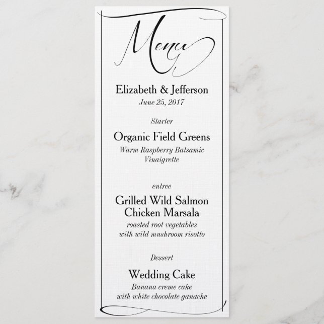 Élégante carte de menu Mariage à script noir et bl (Devant)