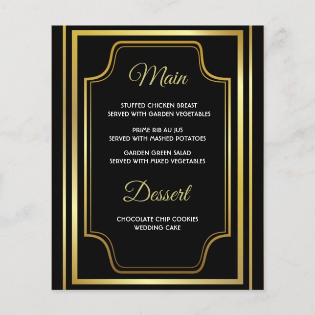 Elégante carte de menu Mariage Black Gold (Devant)
