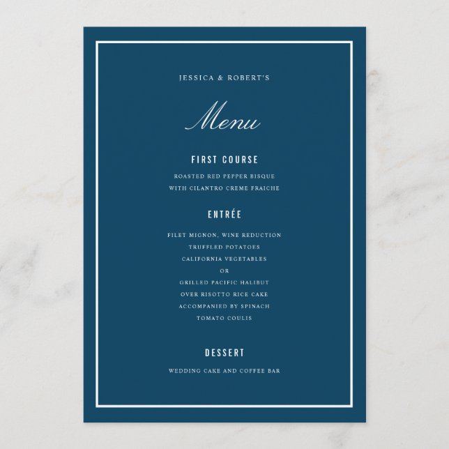 Elégante carte de menu Mariage bleu foncé (Devant)