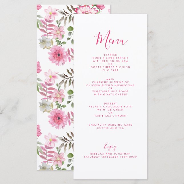 Elégante carte de menu Mariage couleur rose floral (Devant / Derrière)