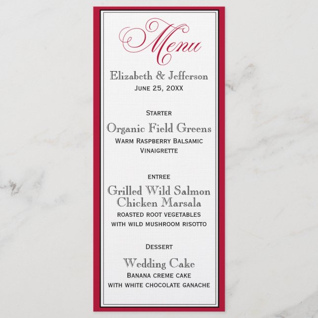 Élégante carte de menu Mariage de script noir et b (Devant)
