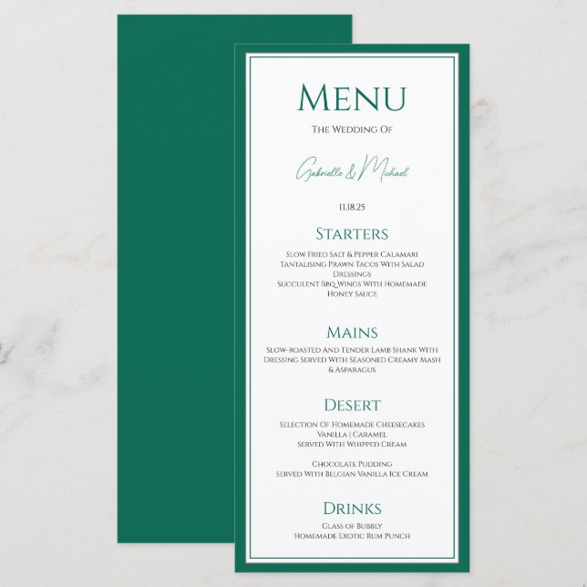 Élégante carte de menu Mariage Emerald Green (Devant / Derrière)