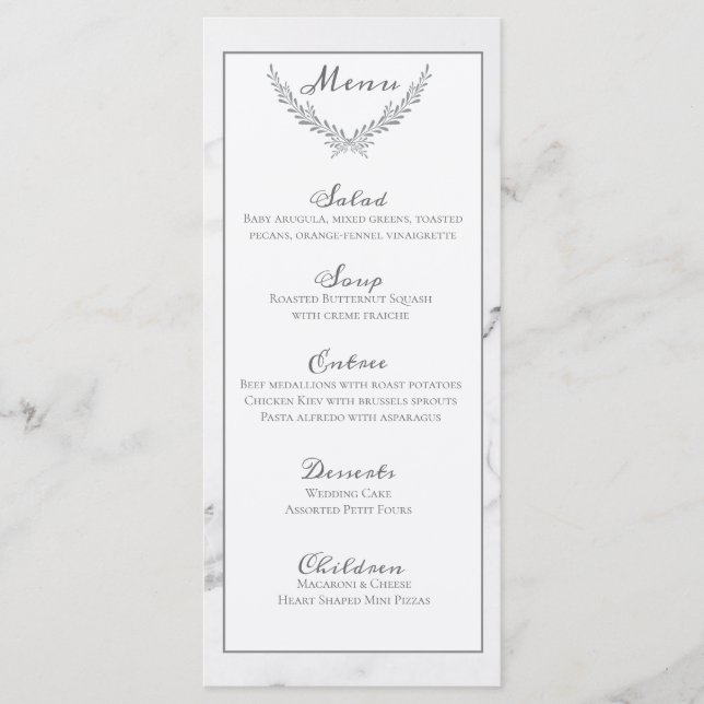 Elégante carte de menu Mariage en marbre et couron (Devant)