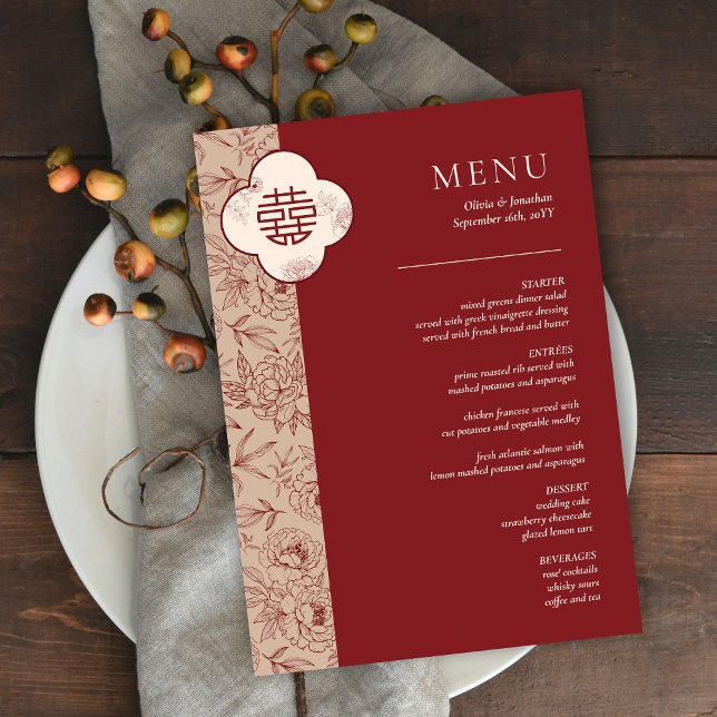 Elégante carte de menu Mariage Floral chinois Red  (Elegant Floral Chinese Wedding Red Table Menu Card)