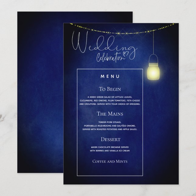 Elégante carte de menu Mariage Mason bleu nuit (Devant / Derrière)