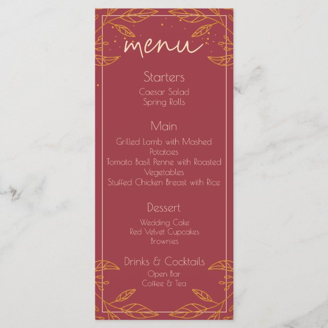 Elégante carte de menu Mariage moderne Bourgogne & (Devant)