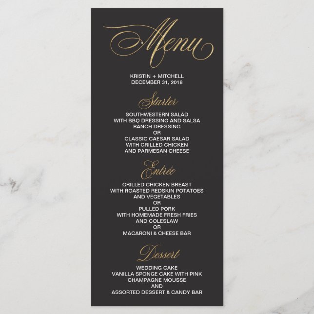 Elégante carte de menu Mariage noir et or (Devant)