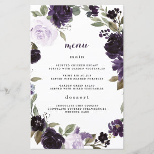 Élégante carte de menu Mariage violet et vert or