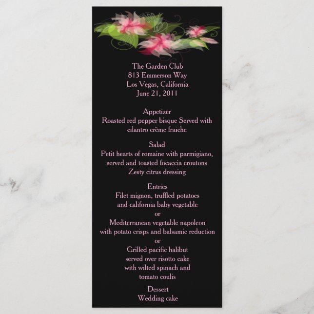Elégante carte de menu romantique rose florale (Devant)