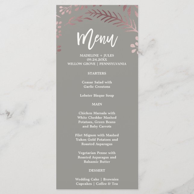 Elégante carte de menu Rose Gold et Grey Mariage (Devant)