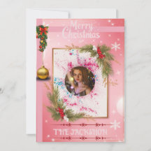 Elégante carte de Noël rose avec cadre photo perso