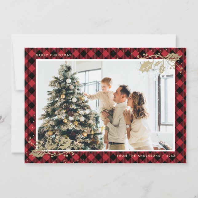 Elégante carte de Noël Rouge Gold Plaid (Devant)