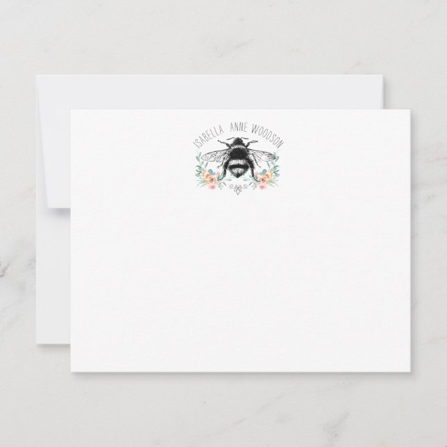 Elégante carte de note d'abeille florale rustique (Devant)