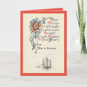 Elégante carte de note de bateau de Noël vintage