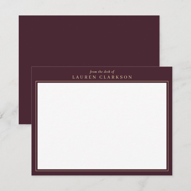 Elégante carte de papier à lettres Burgundy et Or (Devant / Derrière)