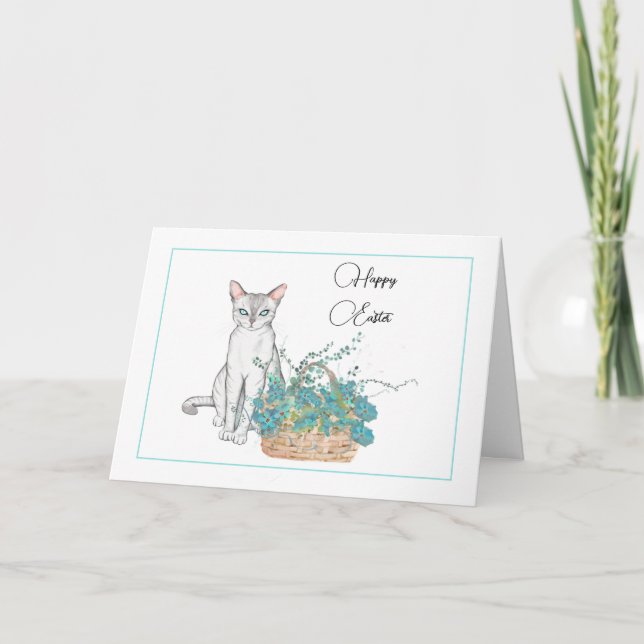 Elégante carte de Pâques de Chat avec fleurs bleue (Devant)