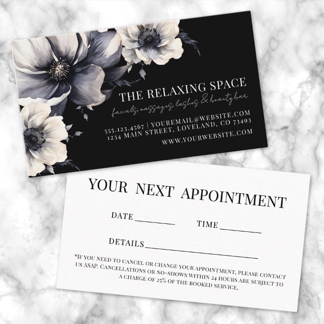 Elégante carte de rappel florale noire (Elegant Black Floral Appointment Reminder Card)