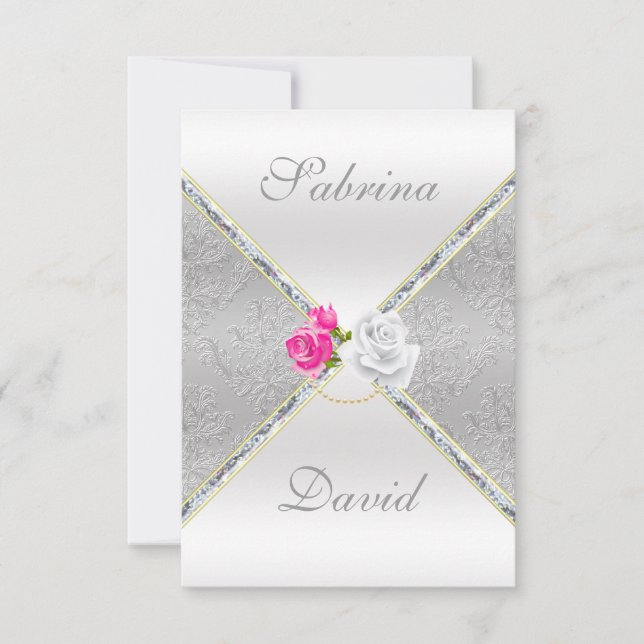 Elégante carte de réception Argent Damas et Rose (Devant)