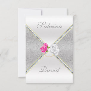 Elégante carte de réception Argent Damas et Rose