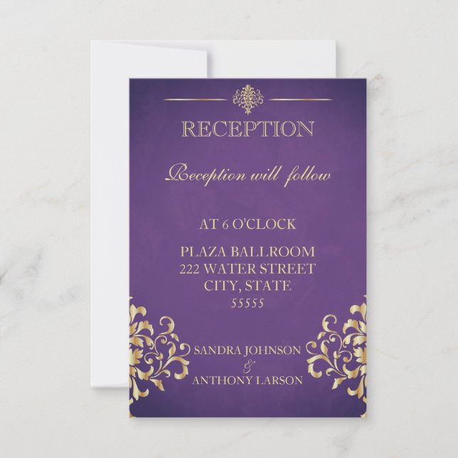 Elégante Carte de réception de mariage Gold & Purp (Devant)