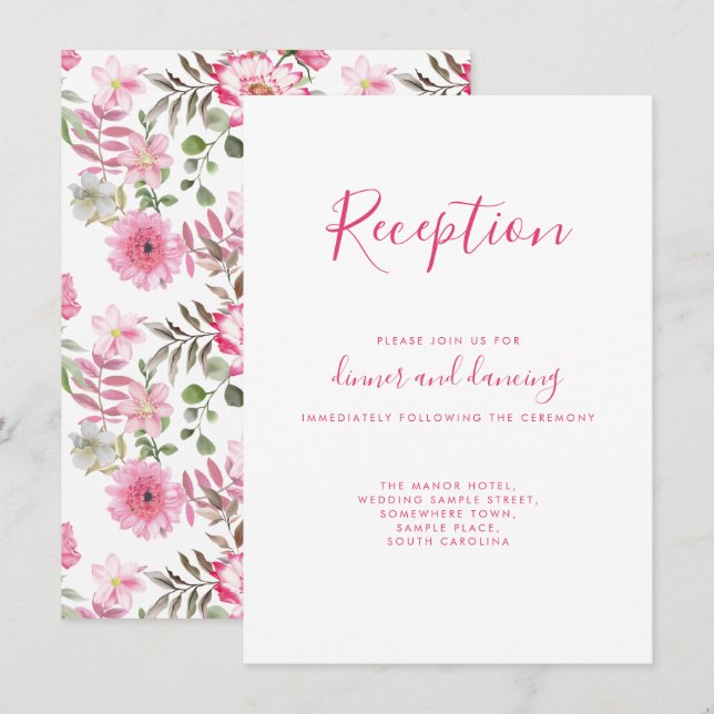 Élégante Carte de réception de mariage rose floral (Devant / Derrière)
