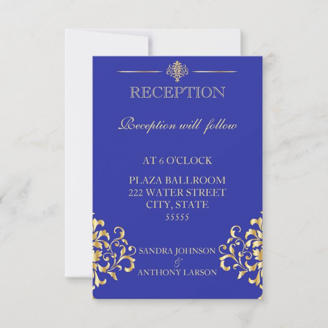 Elégante Carte de réception Gold & Blue Wedding (Devant)