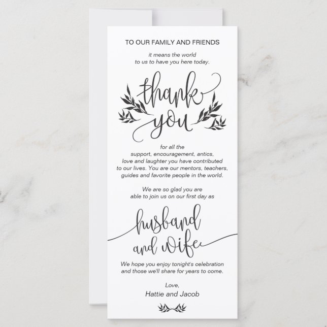 Elégante carte de réglage du Merci noir et blanc (Devant)