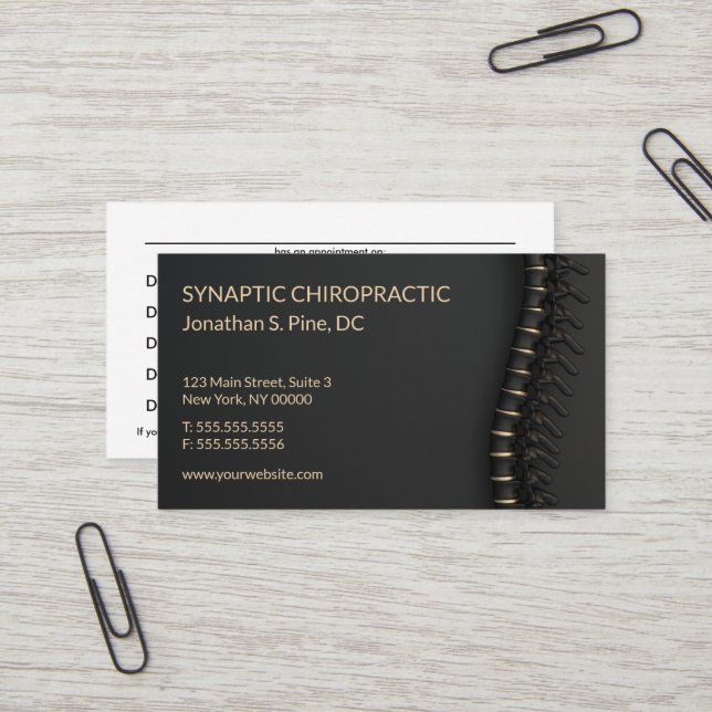 Elégante carte de rendez-vous Black & Gold Spine C (Devant/Arrière en situation)