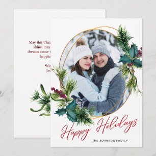 Elégante carte de vacances photo de Noël Holly Pin
