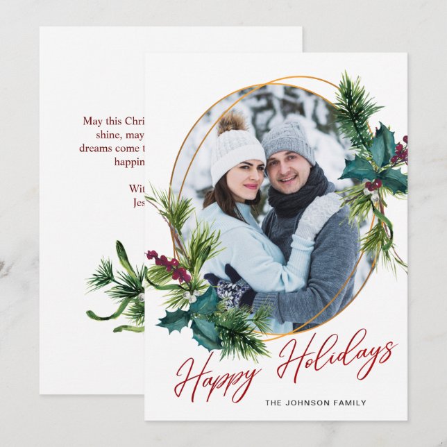 Elégante carte de vacances photo de Noël Holly Pin (Devant / Derrière)