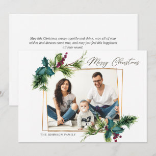 Elégante carte de vacances photo de Noël Holly Pin