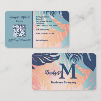Élégante Carte de Visite QR Feuilles Tropicales Pa