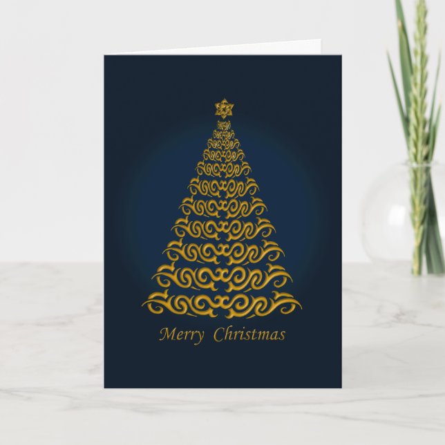 Elégante carte de voeux d'arbre de Noël bleu (Devant)
