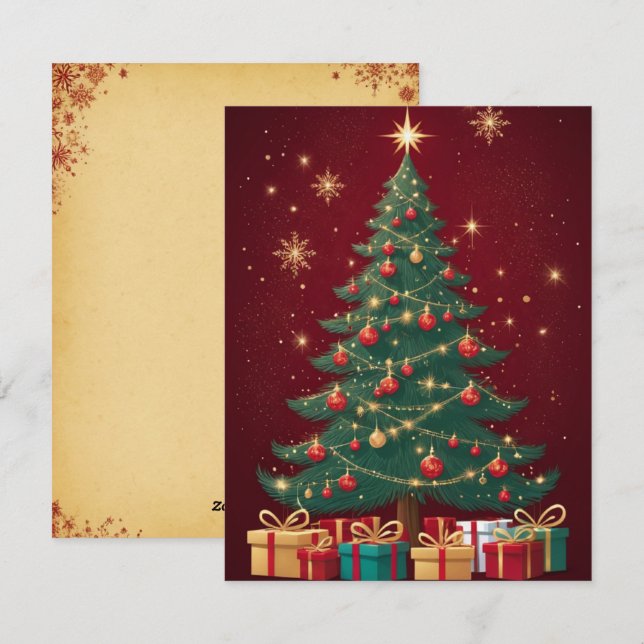 Élégante carte de voeux Red Golden Christmas Tree (Devant / Derrière)