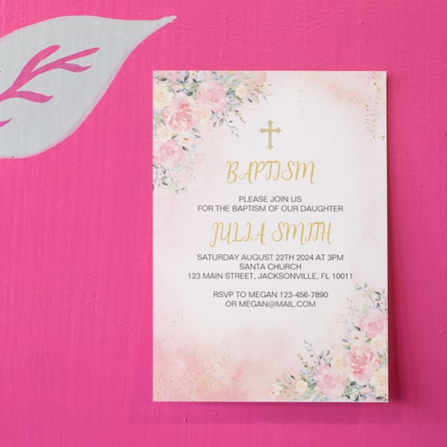 Élégante carte d'invitation à la florale rose or (pink gold floral baptism card)