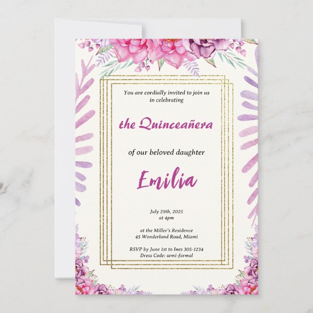 Elégante carte d'invitation Quinceañera Floral Ros (Devant)