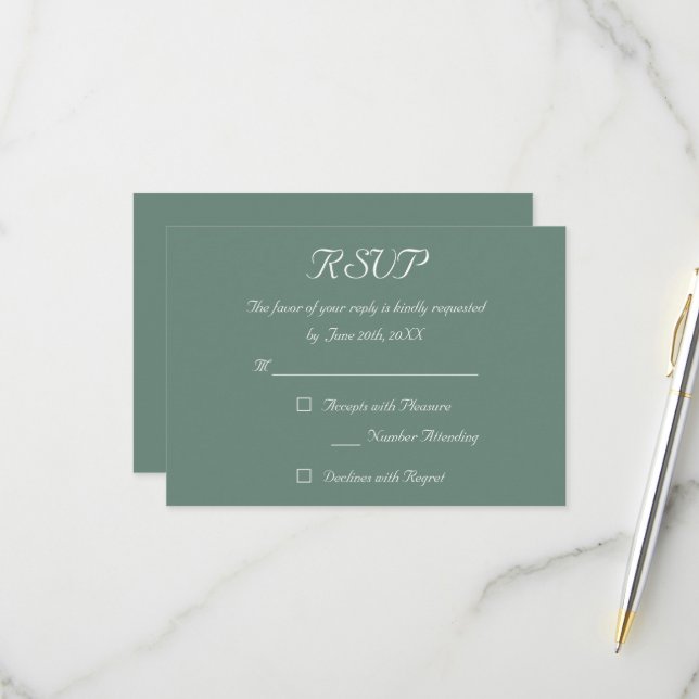 Elégante carte d'invitation RSVP mariage vert Dust (Devant/Arrière en situation)