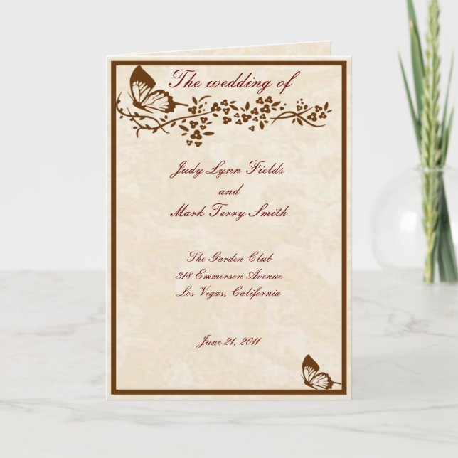 Élégante carte du programme de mariage des papillo (Devant)