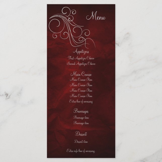 Elégante carte en rack du menu Mariage Red Silver (Devant)