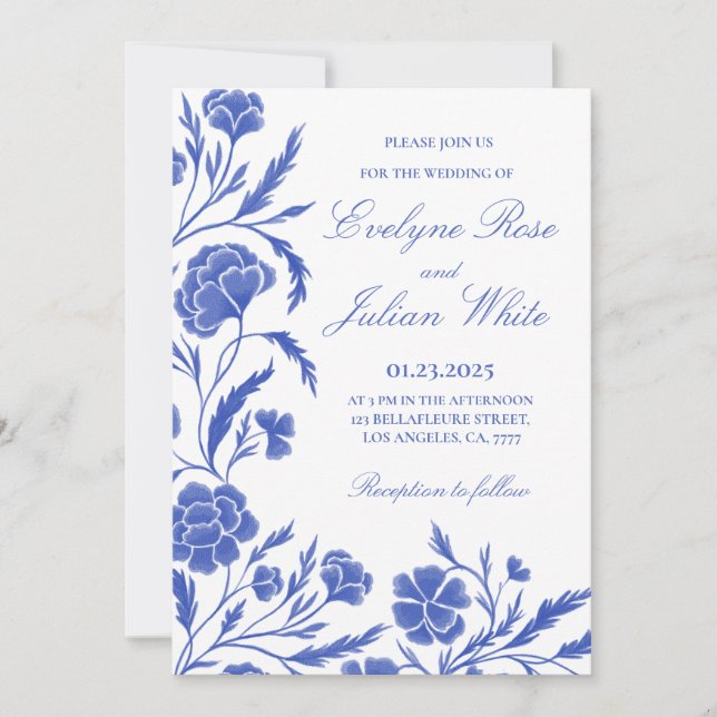 Elégante carte Faire-part de mariage Florale Bleue (Devant)