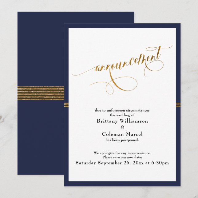 Elégante carte Faire-part Navy & Gold Stripe Card (Devant / Derrière)